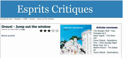 Orouni - Jump Out The Window - <a href="http://mescritiques.be/spip.php?article719">Esprits Critiques</a>